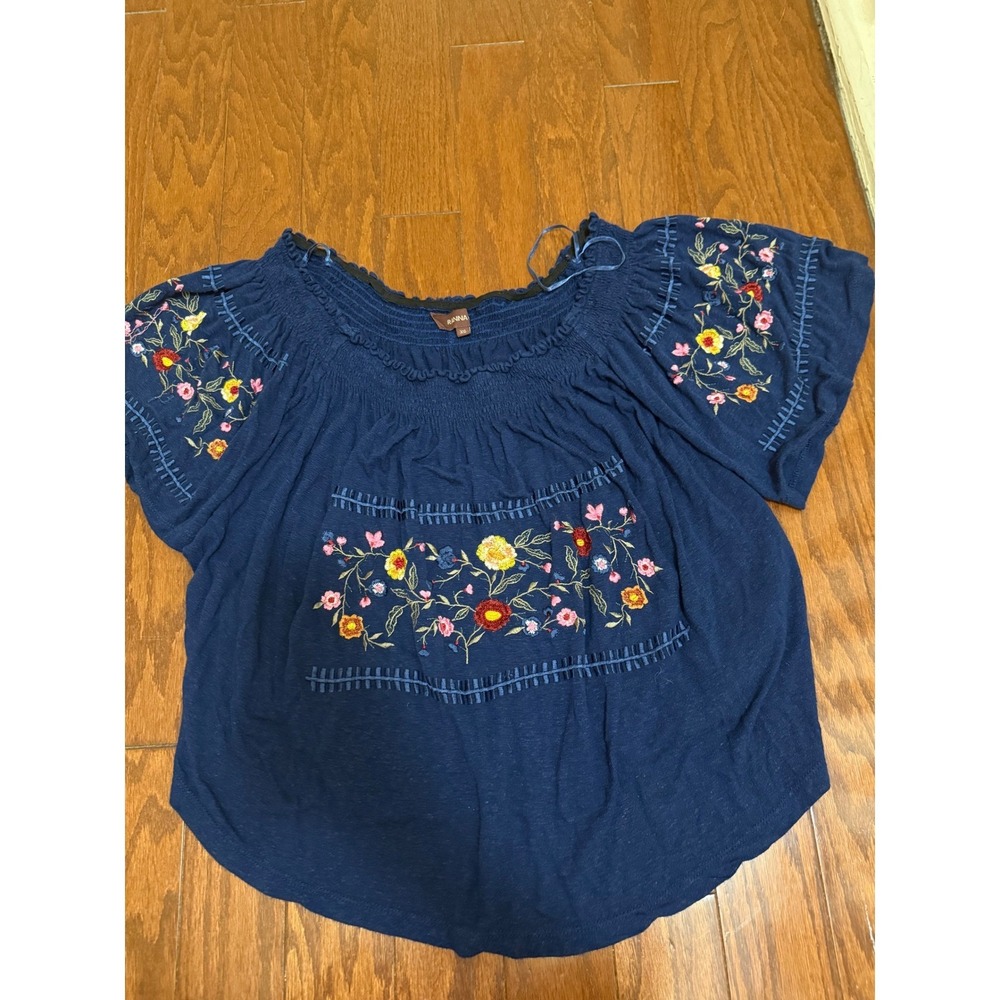 Anthropologie Ranna Gill Navy‎ Blue Embroidered Floral Peasant Blouse Top XS
